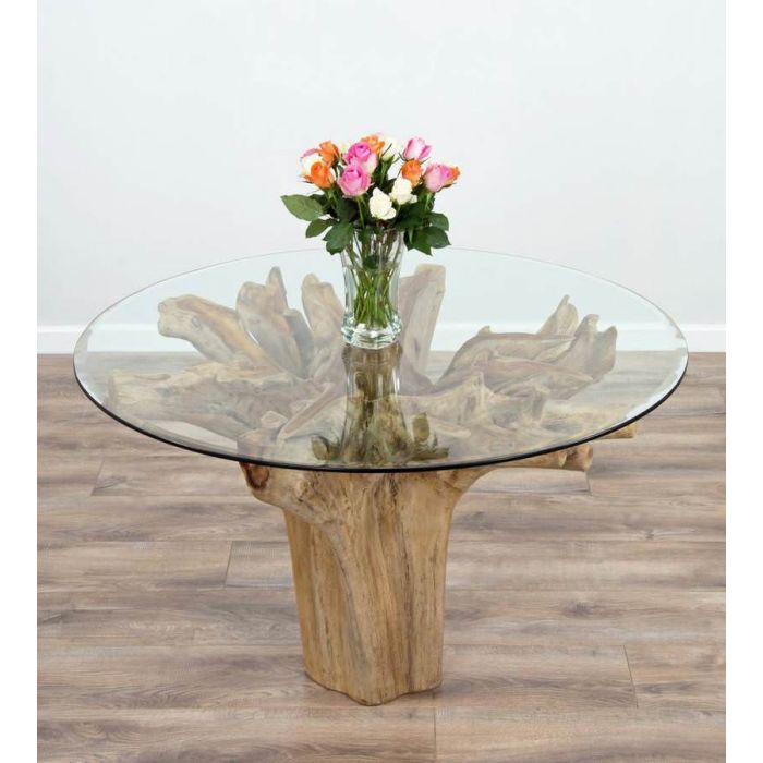1.2m Reclaimed Teak Flute Root Circular Dining Table with 4 Dove Grey Ring Back Dining Chairs - 18