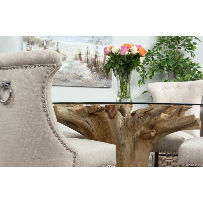 1.2m Reclaimed Teak Flute Root Circular Dining Table with 4 Natural Ring Back Dining Chairs - 1