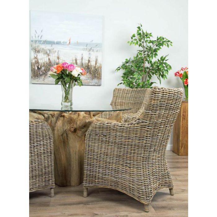 1.2m Reclaimed Teak Flute Root Circular Dining Table with 4 Donna Dining Chairs  - 5