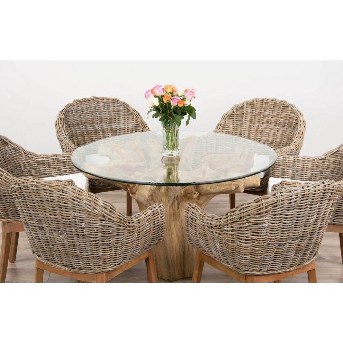 1.2m Reclaimed Teak Flute Root Circular Dining Table with 4 Scandi Armchairs - 11