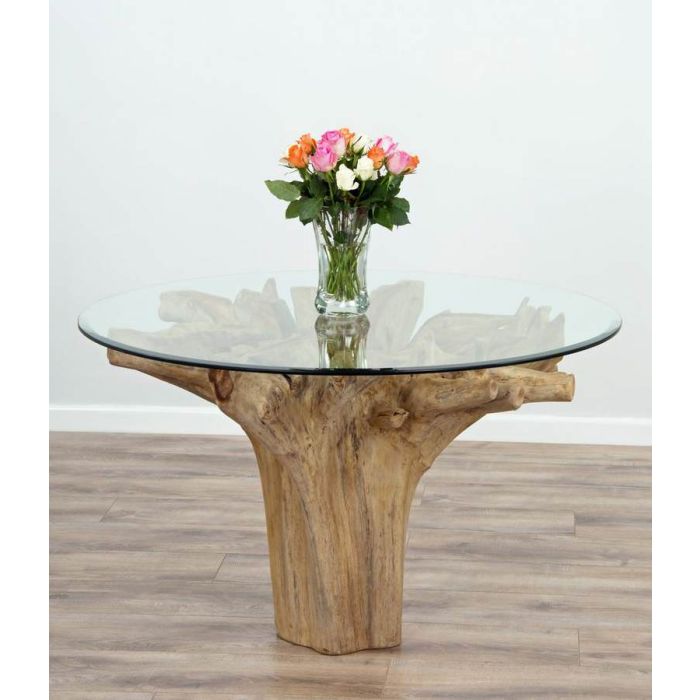1.2m Reclaimed Teak Flute Root Circular Dining Table with 4 Dove Grey Ring Back Dining Chairs - 15