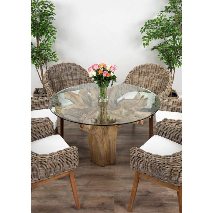 1.2m Reclaimed Teak Flute Root Circular Dining Table with 4 Scandi Armchairs - 12
