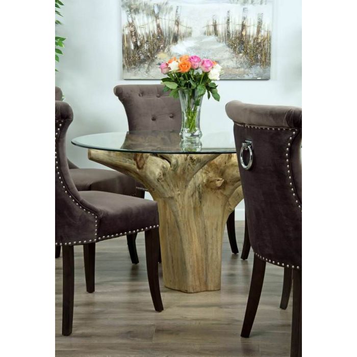 1.2m Reclaimed Teak Flute Root Circular Dining Table with 4 Velveteen Ring Back Dining Chairs  - 7