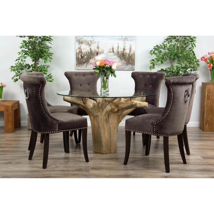 1.2m Reclaimed Teak Flute Root Circular Dining Table with 4 Velveteen Ring Back Dining Chairs  - 9