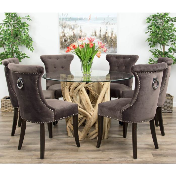 1.2m Java Root Circular Dining Table with 4 or 6 Velveteen Ring Back Dining Chairs  - 4