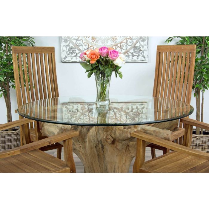 1.2m Reclaimed Teak Flute Root Circular Dining Table with 4 Vikka Armchairs - 2