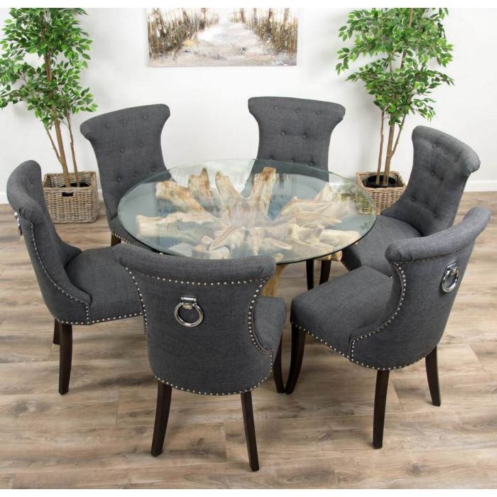 1.2m Reclaimed Teak Flute Root Circular Dining Table with 4 Dove Grey Ring Back Dining Chairs - 9