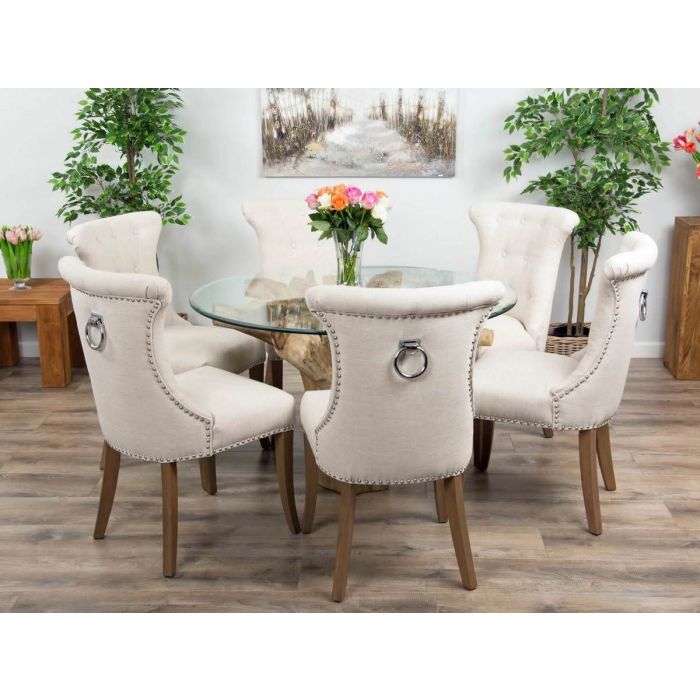 1.2m Reclaimed Teak Flute Root Circular Dining Table with 4 Natural Ring Back Dining Chairs - 10