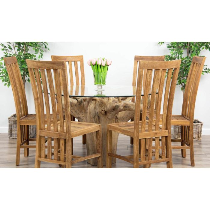 1.2m Reclaimed Teak Flute Root Circular Dining Table with 4 Santos Dining Chairs  - 7