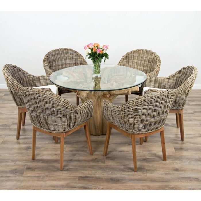 1.2m Reclaimed Teak Flute Root Circular Dining Table with 4 Scandi Armchairs - 10