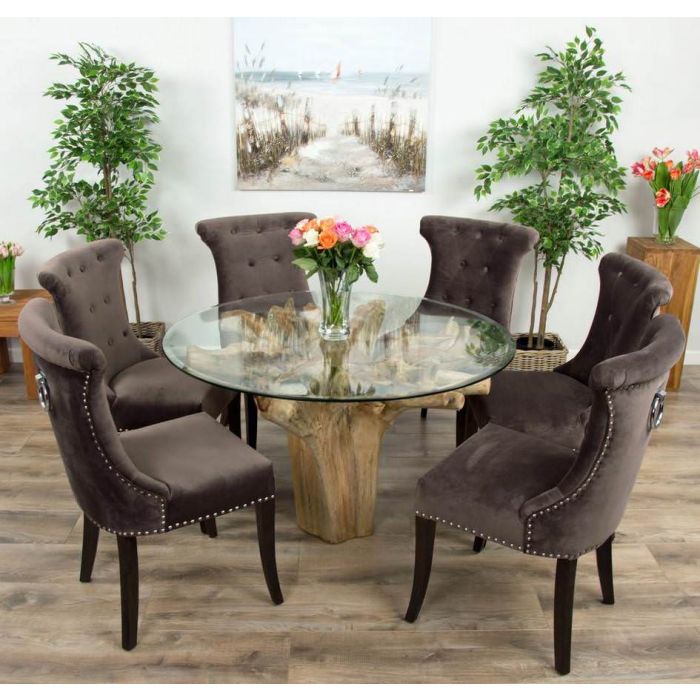 1.2m Reclaimed Teak Flute Root Circular Dining Table with 4 Velveteen Ring Back Dining Chairs  - 8