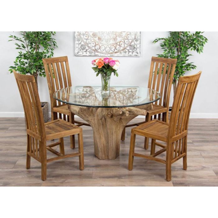 1.2m Reclaimed Teak Flute Root Circular Dining Table with 4 Santos Dining Chairs  - 3