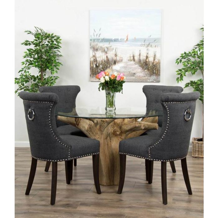 1.2m Reclaimed Teak Flute Root Circular Dining Table with 4 Dove Grey Ring Back Dining Chairs - 0