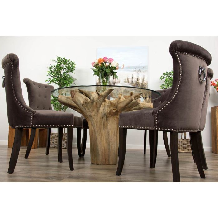 1.2m Reclaimed Teak Flute Root Circular Dining Table with 4 Velveteen Ring Back Dining Chairs  - 11