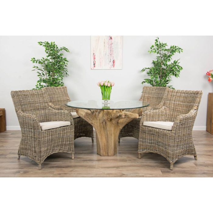 1.2m Reclaimed Teak Flute Root Circular Dining Table with 4 Donna Dining Chairs  - 3