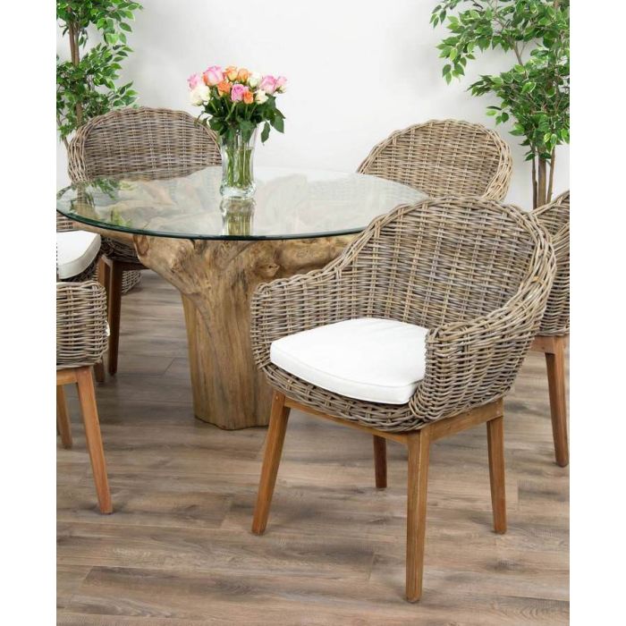 1.2m Reclaimed Teak Flute Root Circular Dining Table with 4 Scandi Armchairs - 7