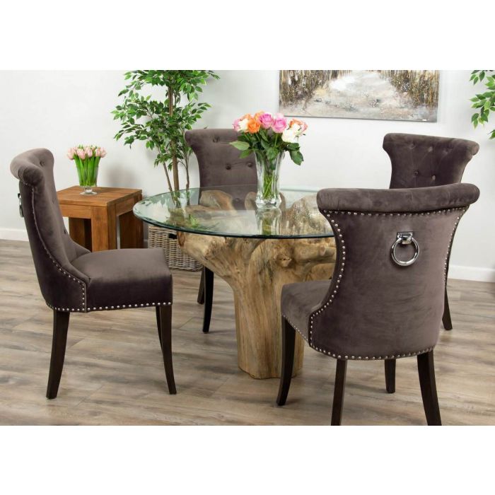1.2m Reclaimed Teak Flute Root Circular Dining Table with 4 Velveteen Ring Back Dining Chairs  - 0