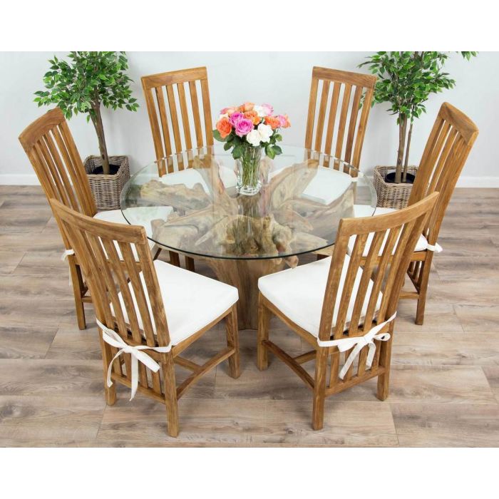 1.2m Reclaimed Teak Flute Root Circular Dining Table with 4 Santos Dining Chairs  - 11