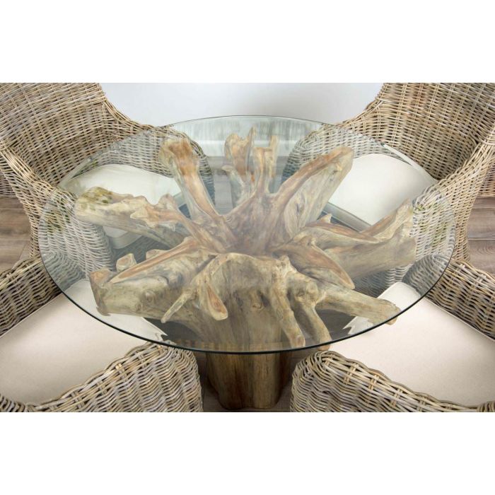 1.2m Reclaimed Teak Flute Root Circular Dining Table with 4 Donna Dining Chairs  - 0