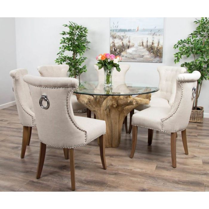 1.2m Reclaimed Teak Flute Root Circular Dining Table with 4 Natural Ring Back Dining Chairs - 13