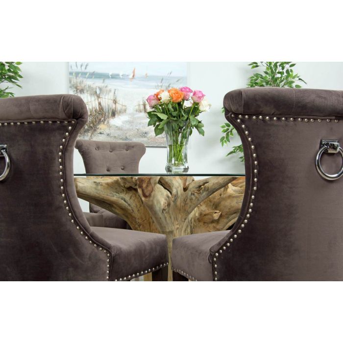 1.2m Reclaimed Teak Flute Root Circular Dining Table with 4 Velveteen Ring Back Dining Chairs  - 10