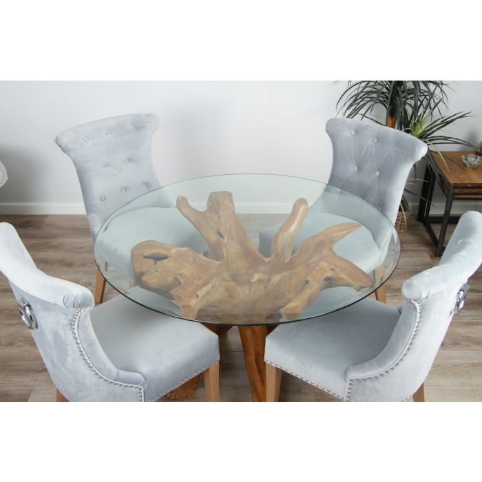 1.2m Reclaimed Teak Root Circular Dining Table with 4 Windsor Ring Back Dining Chairs - 3