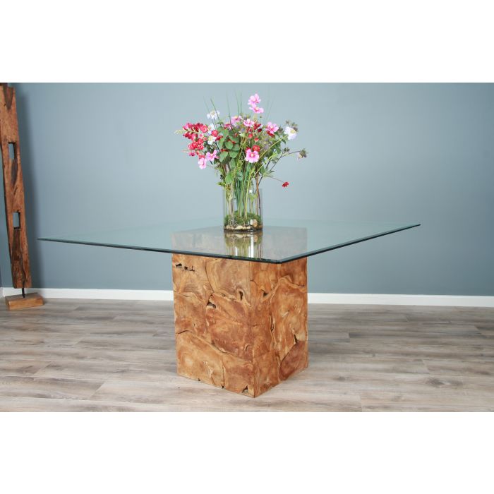 1.4m Reclaimed Teak Root Square Block Dining Table With 6 Windsor Chairs - 6