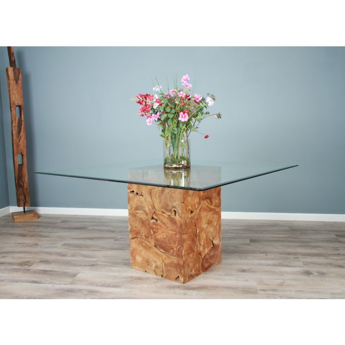 1.4m Square Teak Root Block Dining Table with 6 Santos Chairs - 7