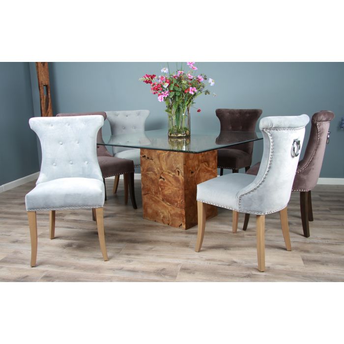 1.4m Reclaimed Teak Root Square Block Dining Table With 6 Windsor Chairs - 4