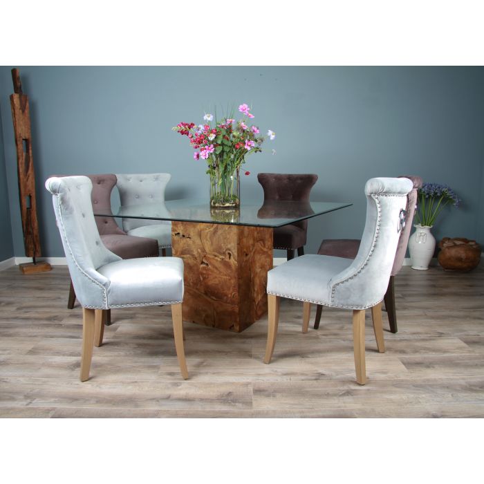1.4m Reclaimed Teak Root Square Block Dining Table With 6 Windsor Chairs - 1