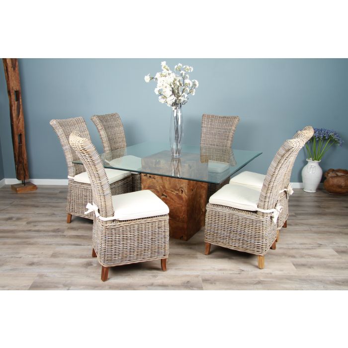 1.4m Reclaimed Teak Root Square Block Dining Table with 6 Latifa Chairs - 2