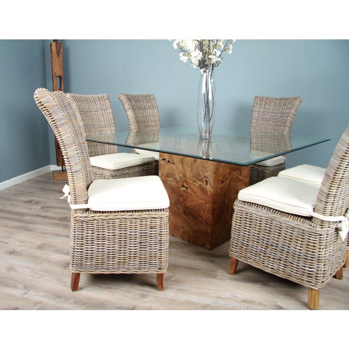 1.4m Reclaimed Teak Root Square Block Dining Table with 6 Latifa Chairs - 4
