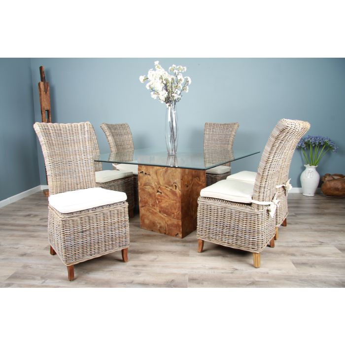 1.4m Reclaimed Teak Root Square Block Dining Table with 6 Latifa Chairs - 1