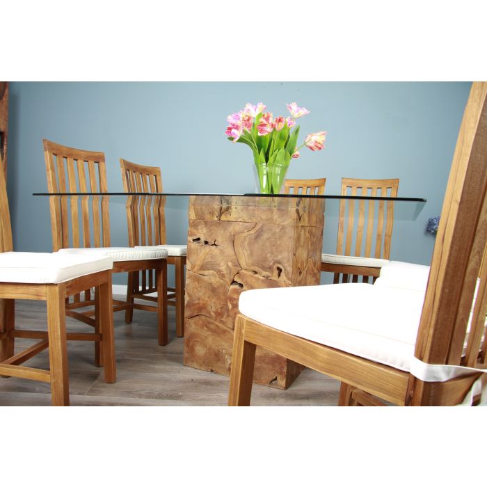 1.4m Square Teak Root Block Dining Table with 6 Santos Chairs - 5
