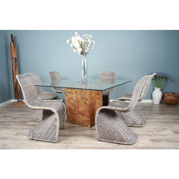 1.4m Reclaimed Teak Root Square Block Dining Table with 6 Zorro Chairs - 1