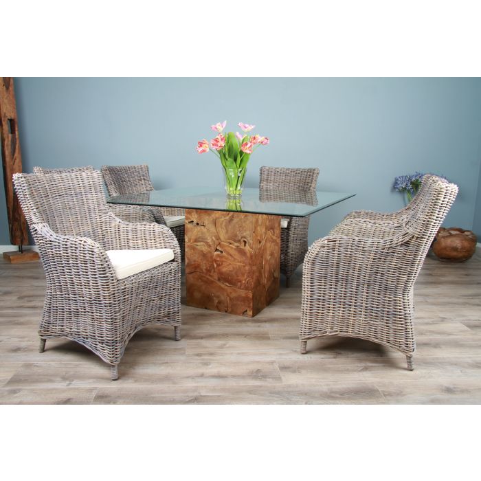1.4 Reclaimed Teak Root Square Block Dining Table with 6 Donna Armchairs  - 5