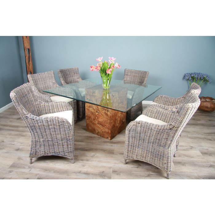 1.4 Reclaimed Teak Root Square Block Dining Table with 6 Donna Armchairs  - 1