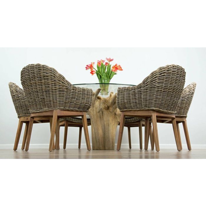 1.5m Reclaimed Teak Flute Root Circular Dining Table with 6 Scandi Armchairs  - 3