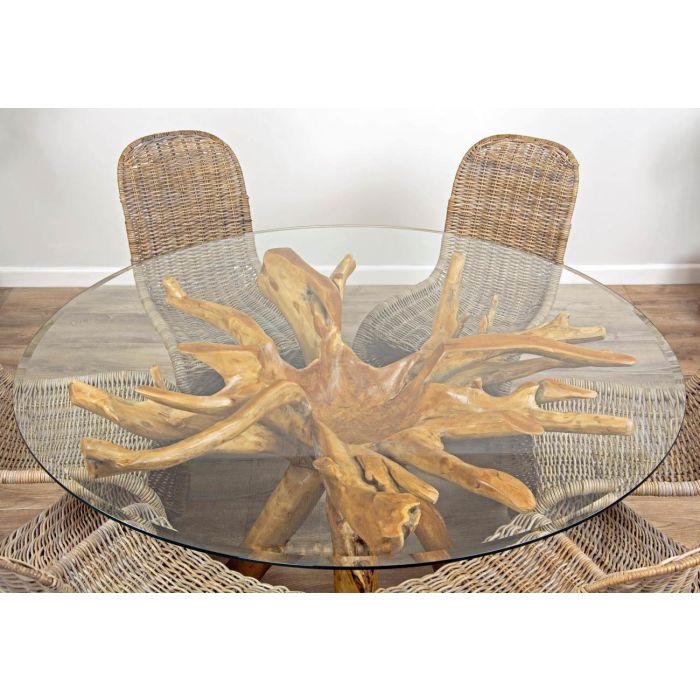 1.5m Reclaimed Teak Root Circular Dining Table with 6 Stackable Zorro Chairs  - 0