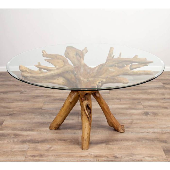 1.5m Reclaimed Teak Root Circular Dining Table with 6 Stackable Zorro Chairs  - 13