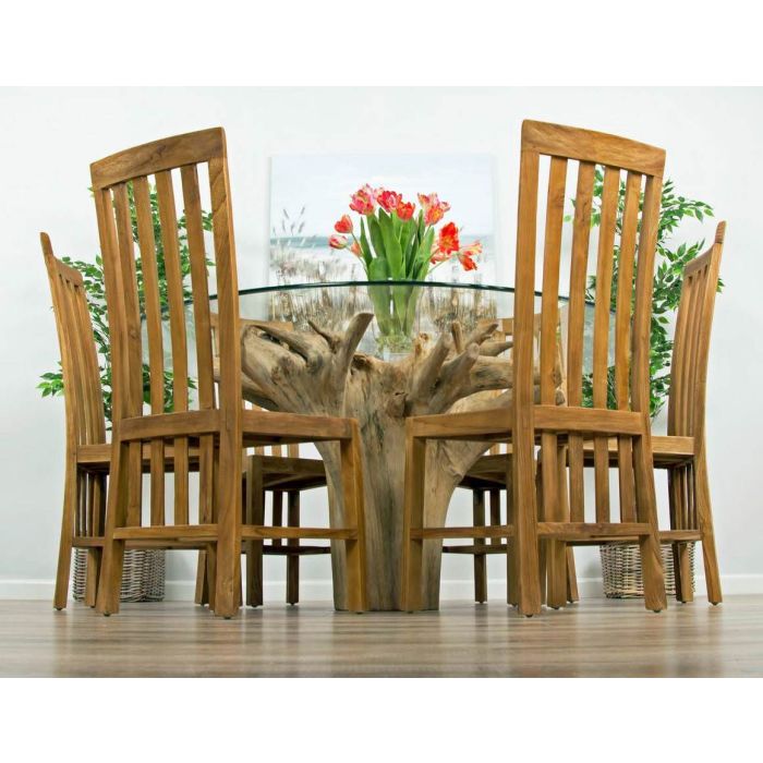 1.5m Reclaimed Teak Flute Root Circular Dining Table with 6 Santos Chairs - 3