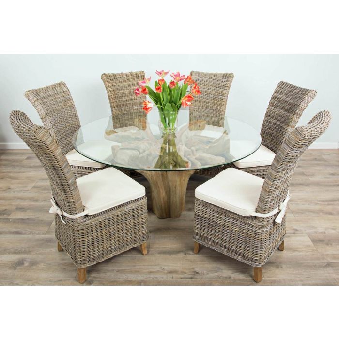 1.5m Reclaimed Teak Flute Root Circular Dining Table with 6 Latifa Chairs - 4