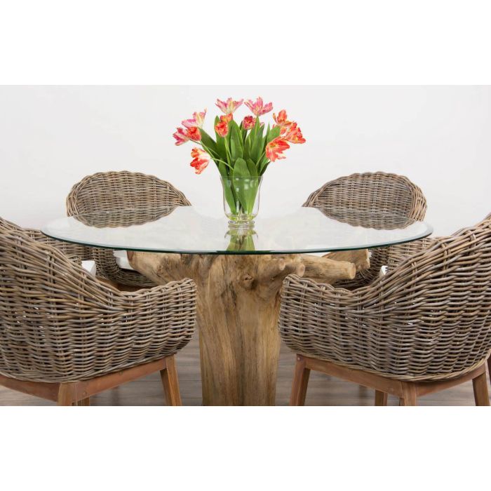 1.5m Reclaimed Teak Flute Root Circular Dining Table with 6 Scandi Armchairs  - 4