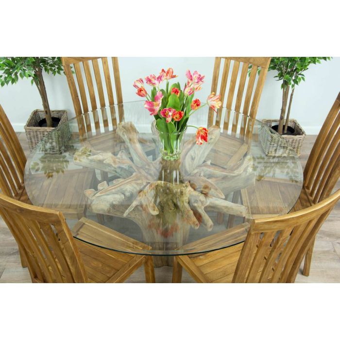 1.5m Reclaimed Teak Flute Root Circular Dining Table with 6 Santos Chairs - 1