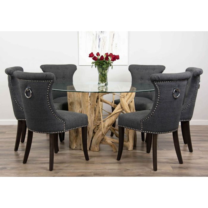 1.5m Java Root Circular Dining Table with 6 Dove Grey Windsor Ring Back Dining Chairs  - 2