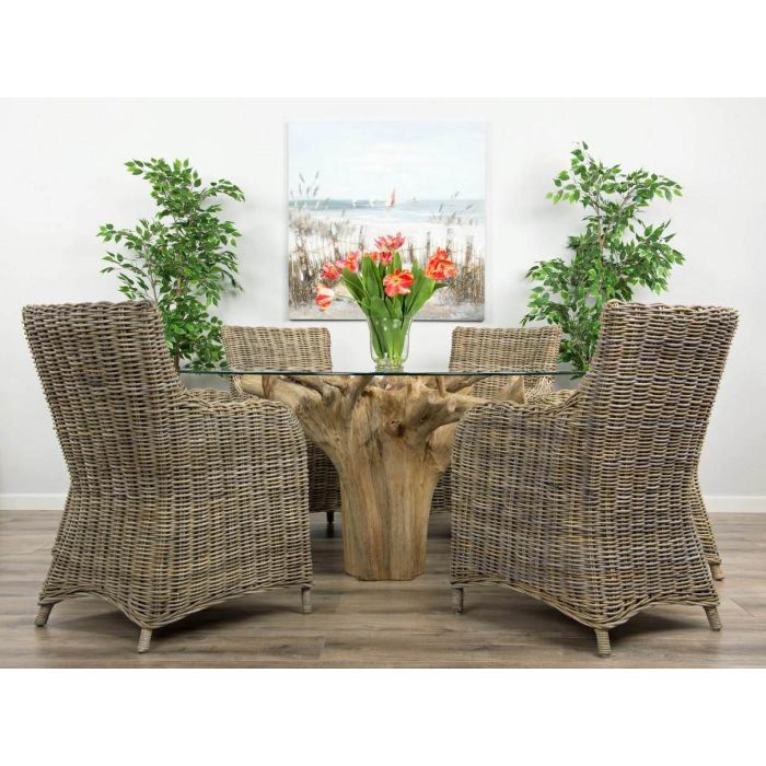 1.5m Reclaimed Teak Flute Root Circular Dining Table with 6 Donna Armchairs - 2