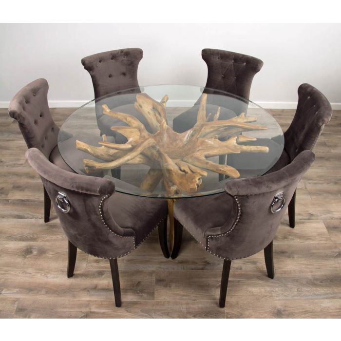 1.5m Reclaimed Teak Root Circular Dining Table with 6 Velveteen Ring Back Dining Chairs - 1