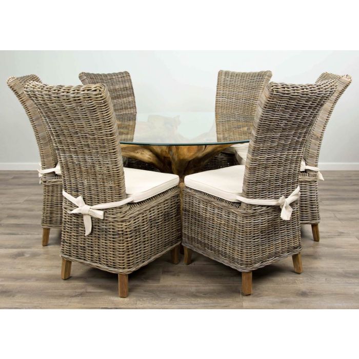 1.5m Reclaimed Teak Root Circular Dining Table with 6 Latifa Chairs  - 2