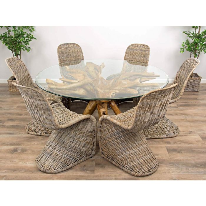 1.5m Reclaimed Teak Root Circular Dining Table with 6 Stackable Zorro Chairs  - 5