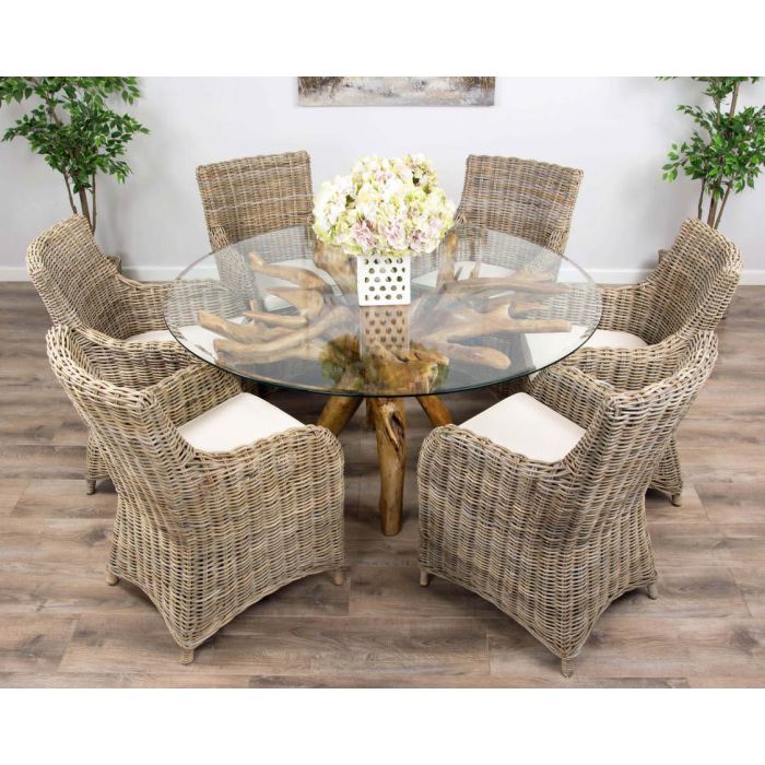 1.5m Reclaimed Teak Root Circular Dining Table with 6 Donna Armchairs - 0